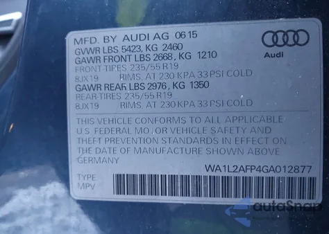 2016 Audi Q5 2.0T Premium from USA, damaged, VIN WA1L2AFP4GA012877